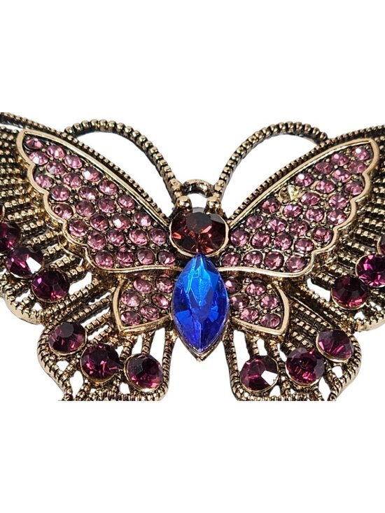 Rhinestone Butterfly Brooch Pin Gold Tone Pink Blue Purple Sparkle VTG - Picture 2 of 7